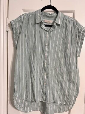 LOFT Mint and White Striped Short-Sleeve Button-Down Shirt